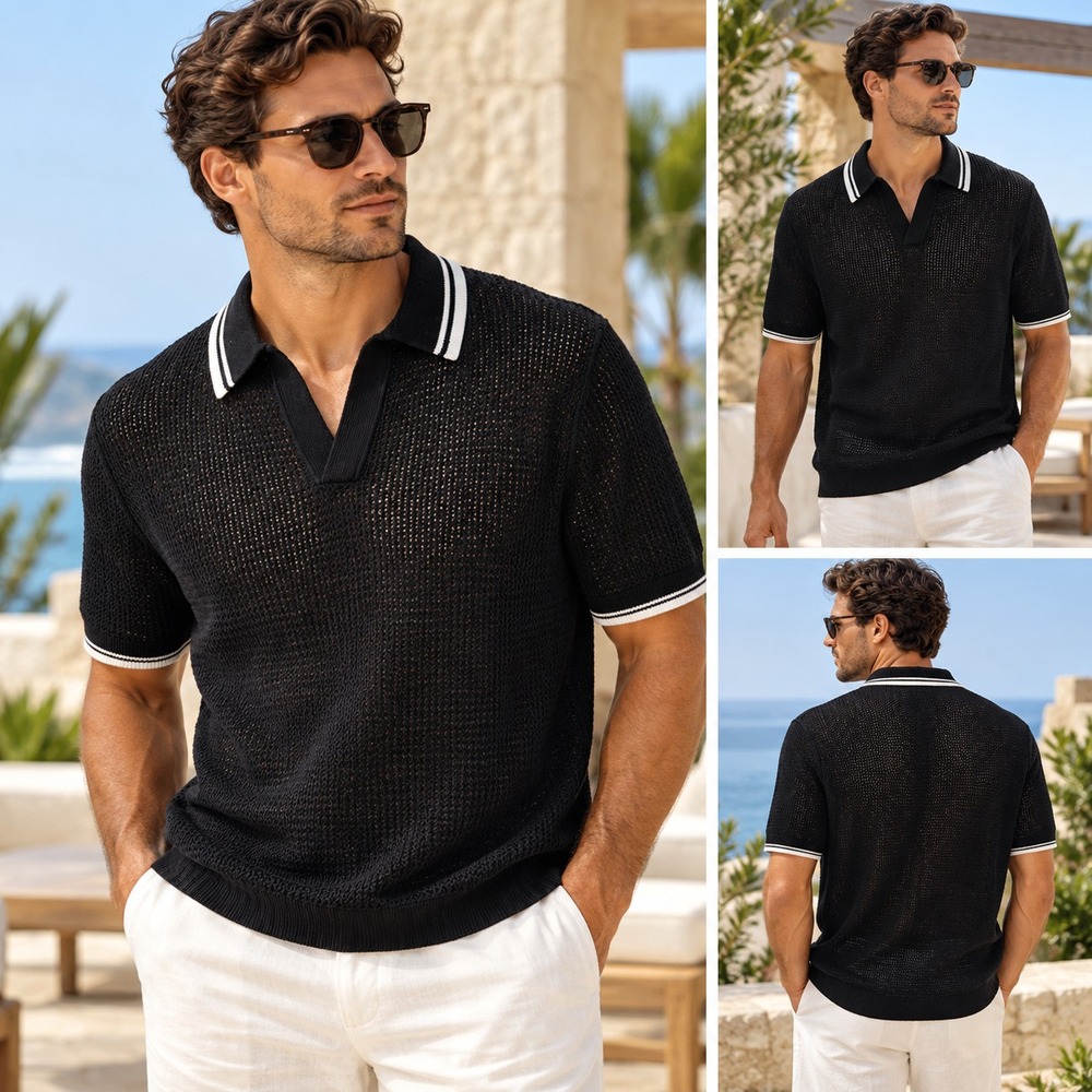 NWT Banana Republic Organic Cotton Zig Zag Sweater Polo Men's M Tall Black